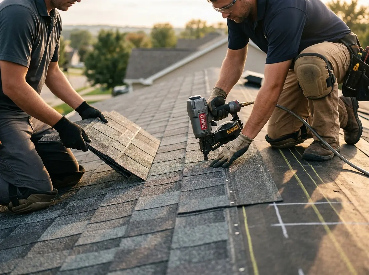 Professional roofer working on a residential roof in Paxton